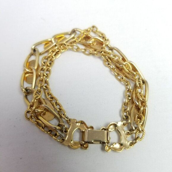 Vintage Gold Tone Chain Bracelet, Three Strand, Mixed Link Pattern, Retro Estate - Picture 3 of 6